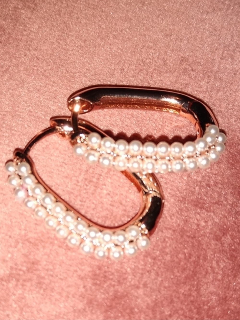 Rose Gold and Pearl Rectangle Hoops Rectangular Hoop Earrings Pave Pearls - Picture 2 of 12
